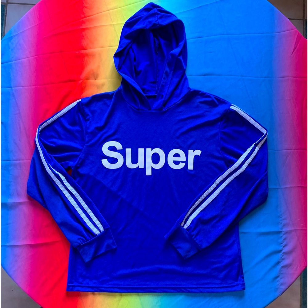 SUPER 💙 Spellout Blue Pullover Lightweight Hoodie Two Stripe Sleeve Size S/M 💙